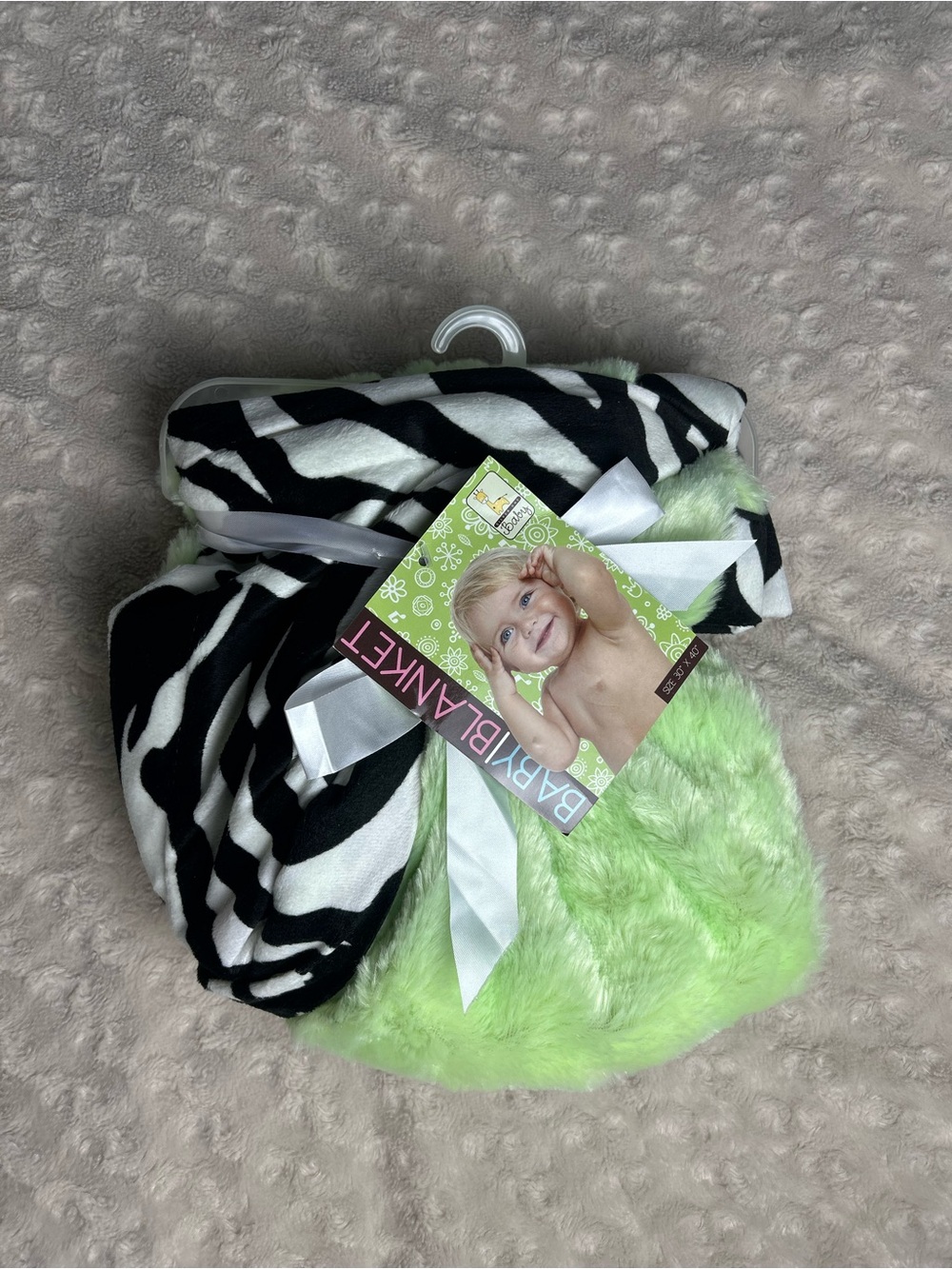 Silver One Zebra Stripes Print Baby Blanket Black White Green Reversible Lovey